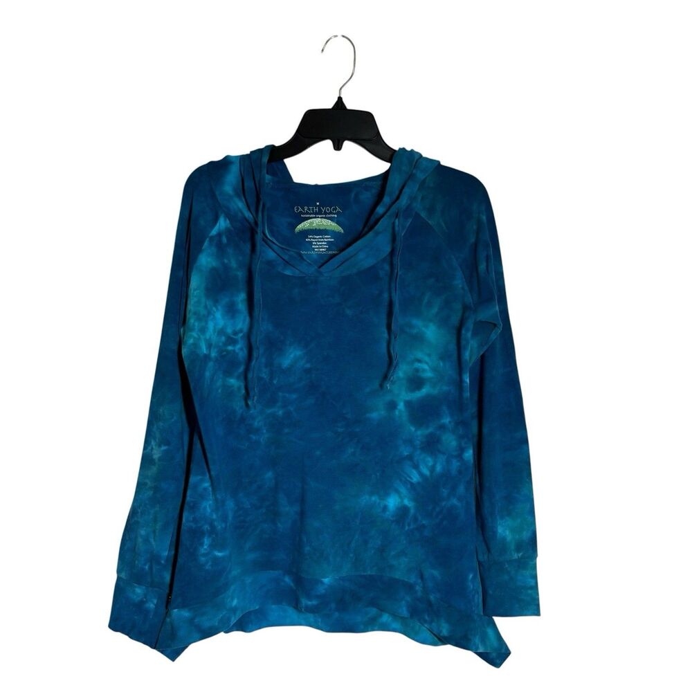 Earth Yoga Blue Teal Tie Dye Long Seeve Hoodie M Active Y2K Cozy Organic Grunge